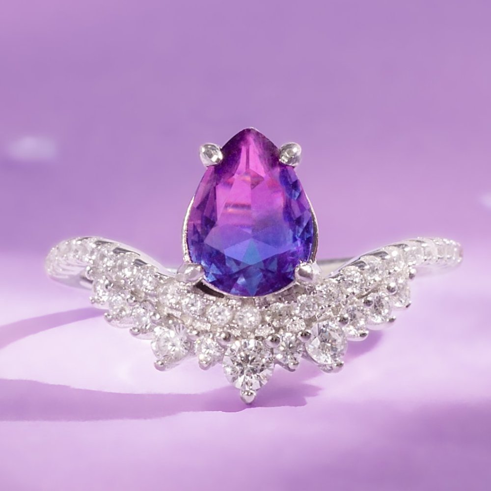Pink & Purple Pear Gemstone Ring, real 925 Sterling Silver Charmed Aroma